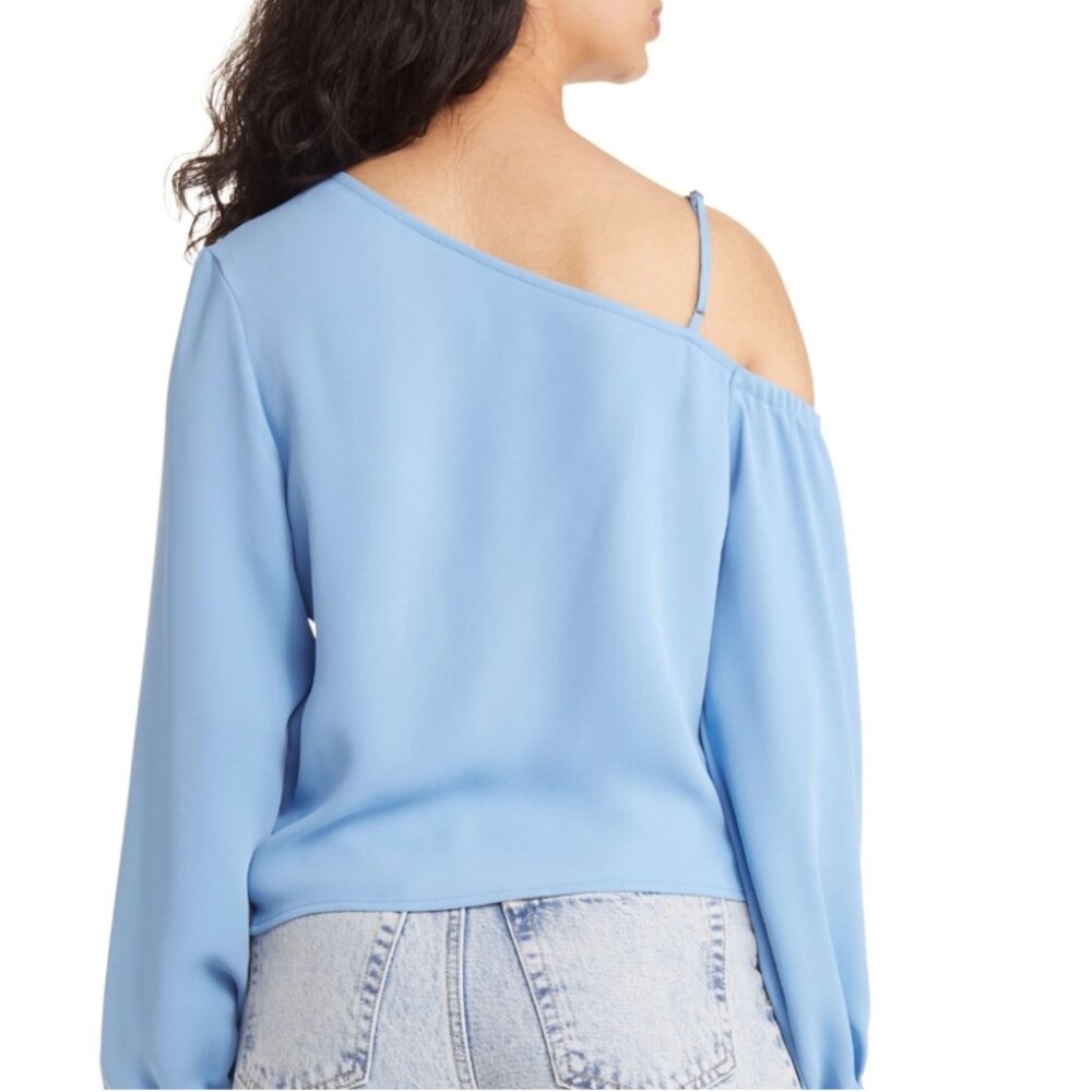 OPEN EDIT Women's NEW Pleated Asymmetric Top in Blue Lake | Size S - Picture 4 of 10